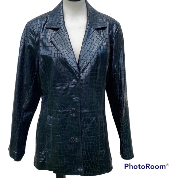 Dialogue Black Leather Jacket Croc Embossed Coat Lined Shimmer Size L Pockets - Picture 2 of 16